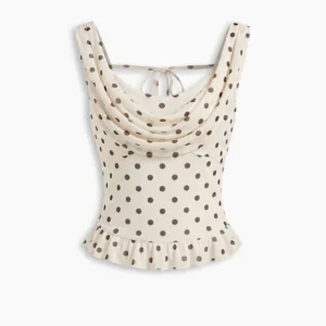 Polka Dot Cowl Neck Ruffle Hem Sleeveless Top