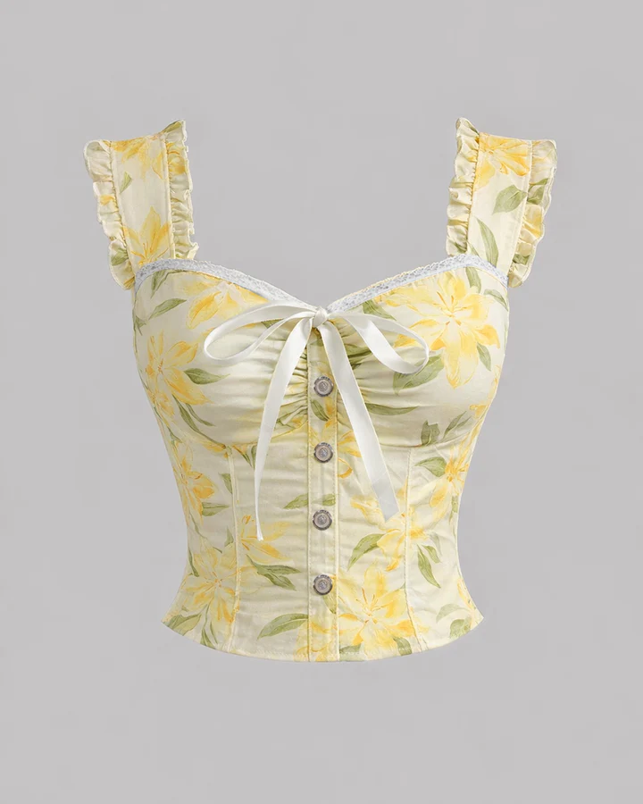 Floral Sleeveless Crop Top With Bow