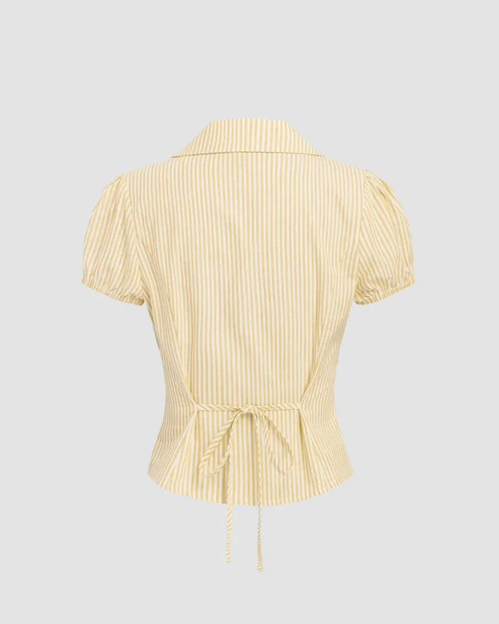 Customer photo Ruched Button Down Puff Sleeve Top in Yellow - Image 2