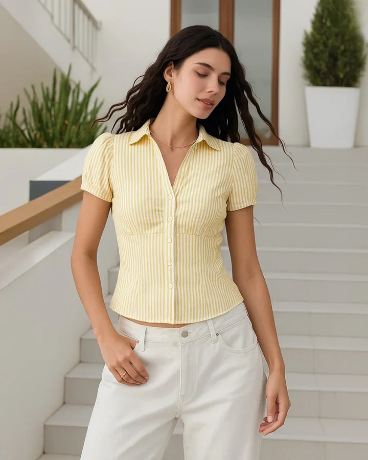 Customer photo Ruched Button Down Puff Sleeve Top in Yellow - Image 3
