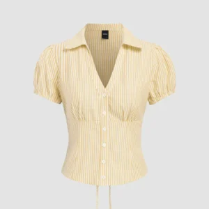 Customer photo Ruched Button Down Puff Sleeve Top in Yellow