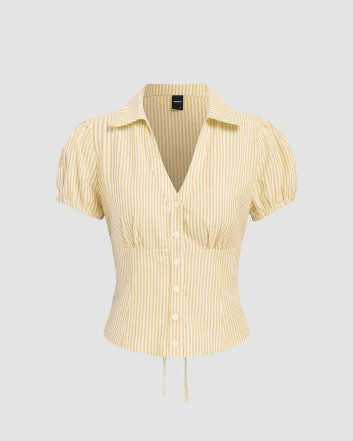 Customer photo Ruched Button Down Puff Sleeve Top in Yellow